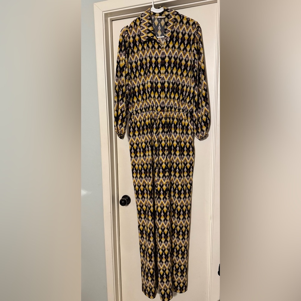 Eva Mendes for New York & Company Yellow and Black Geometric Jumpsuit